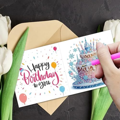 jinglinhh 6pcs Castle Birthday Cake Diamond Art Painting Greeting Cards with Envelopes, DIY Card Making Kits for Adults, Diamond Art Postcards Christmas Cards Craft Gifts - Image 5