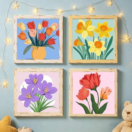 Canrichshop 4-Pack Framed Flowers Paint by Numbers Kit for Adults Beginner & All Ages 8-12 and More,Oil Painting by Numbers for Kids, DIY Number Paint Decor Present 8X 8 inch - Image 2