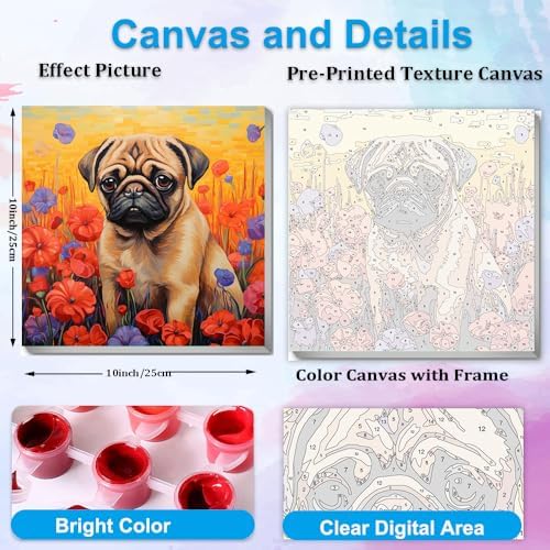 Artunion Framed Paint by Numbers Kit for Adults Beginners & Kids Ages 8-12,Pug Dog Paint by Number with Frame,Dog Animal Paint by Numbers Kit on Canvas 10 * 10 Inch Without Easel - Image 3