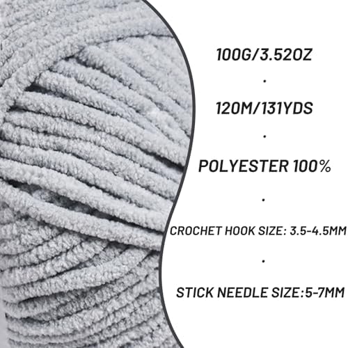Plush Chunky Chenille Yarn for Crocheting, Soft Fluffy Velvet Yarn for Crocheting Amigurumi, Fuzzy Baby Blanket Knitting 200g/262yds Bulky(2 Grayish) - Image 2