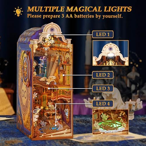 Tonecheer DIY Book Nook Kit for Adults, 3D Wooden Puzzle Bookend Miniature House Kit, Booknook Bookshelf Insert Decor with Dust Cover and LED Lights Gifts (Magical Library) - Image 4