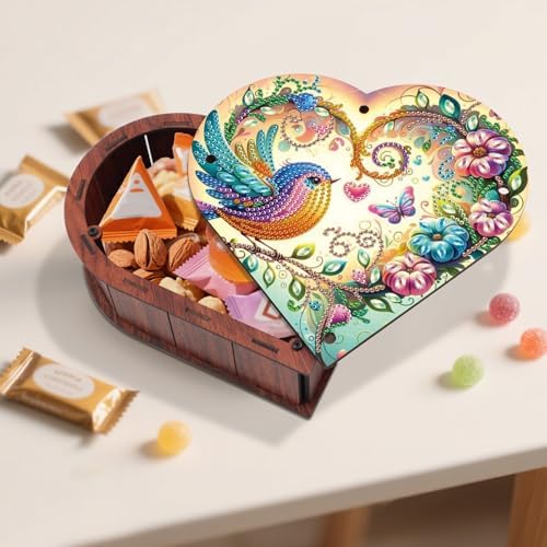 DIY Special Shaped Diamond Painting Storage Box Kit, Heart-Shaped Wooden Diamond Art Organizer with Colorful Bird and Flower Design, Decorative Gift Case for Jewelry, Accessories & Desktop Display - Image 6