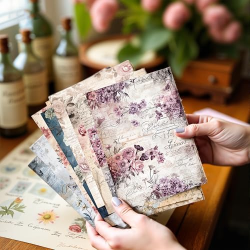 160 Sheets Vintage Flower Scrapbook Paper, Junk Journal Supplies, Purple Pink Flowers with Cursive Script No Repeating Perfect for Junk Journal DIY Cards Craft Albums Scrapbooking Supplies (Purple) - Image 4