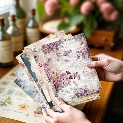 160 Sheets Vintage Flower Scrapbook Paper, Junk Journal Supplies, Purple Pink Flowers with Cursive Script No Repeating Perfect for Junk Journal DIY Cards Craft Albums Scrapbooking Supplies (Purple) - Image 4