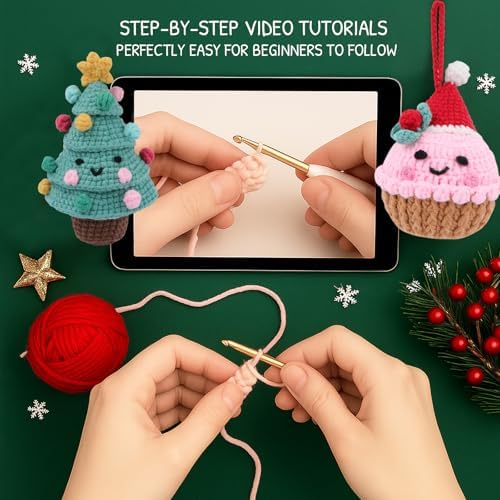 HOUSE CREATIVITY Crochet Kit for Beginners – Make a Christmas Tree & Cupcake, Amigurumi Crochet Starter Kit with Video Tutorial, Yarn & Hook, DIY Holiday Ornament & Cute Desk Decor Gift - Image 3