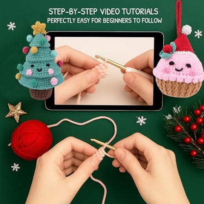 HOUSE CREATIVITY Crochet Kit for Beginners – Make a Christmas Tree & Cupcake, Amigurumi Crochet Starter Kit with Video Tutorial, Yarn & Hook, DIY Holiday Ornament & Cute Desk Decor Gift - Image 3