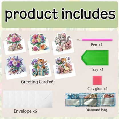 jinglinhh 6pcs Diamond Art Painting Cat and Flowers Cake Greeting Cards with Envelopes, DIY Card Making Kits for Adults, Diamond Art Postcards Christmas Cards Craft Gifts - Image 3