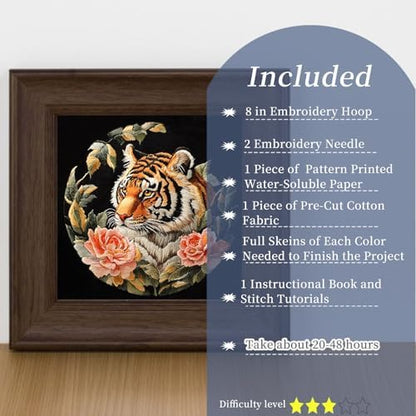 FONNUY Tiger Floral Embroidery Kit, Cross Stitch Kits for Beginners, Handmade Crafts with Printed Patterns for Beginner Adults, Easy to Follow Color Thread Needlework, 8'' Hoop - Image 2