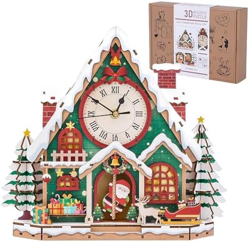 3D Puzzles for Adults, Christmas Snow House Wall Clock 3D Wooden Puzzles Clock Kits for DIY Birthday Gift for Women Men Home Decor Holiday Christmas by Jollitot