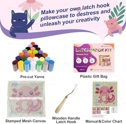 veirousa Latch Hook Kits for Adults, DIY Axolotl Pillow & Rug Craft Kit for Beginners, Marine Handmade Yarn Art, Relaxing Home Sofa Decor Gift 17x17 Inch - Image 3