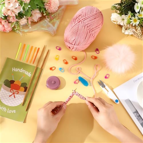 GliCraft Hat Knitting Kit for Beginners with Yarn Needles Pom,Dark Pink - Image 3