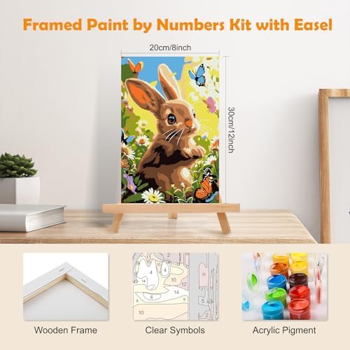 MOGTAA Easter Bunny Paint by Numbers Kit for Adults Beginners with Frame, Butterfly Adult Paint by Number Kits on Canvas with Easel, Easy DIY Flowers Oil Painting Kits for Home Decor, 8x12in - Image 2