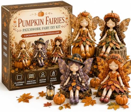 Fairy Patchwork DIY Collection, Flower Fairies Sewing Kit for Adults & Beginners, Make 4pcs Fabric Fairy Dolls with Pre-Cut Materials, Handmade DIY Craft Gift & Home Decor (Pumpkin Fairies) by Unknown