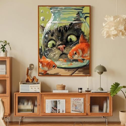 Fairyland JinWenn Curious Cat Fish Paint by Numbers Kit for Adults Framed Canvas Frameworkless - Image 5