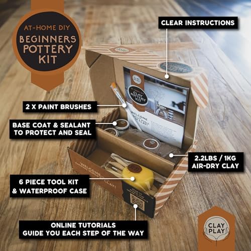 at Home DIY Beginner Pottery Kit for Adults with Instructions and Online Tutorials, Air Dry Sculpting Clay, Tool Kit, Base Coat and Sealant for Date Night or Hobbist - Image 3
