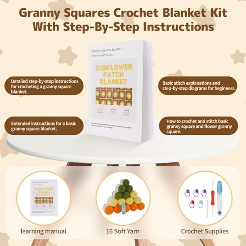 WILSHIN Blanket Crochet Kit for Beginners - Granny Squares Crochet Kit with Soft Yarns, Step-by-Step Tutorials & Detailed Instructions, Easy Craft Gift for Adults (Yellow Sunflower) - Image 4