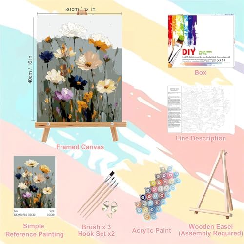 Flower Paint by Numbers for Adults with Framed Canvas - with Wooden Easel - Image 2