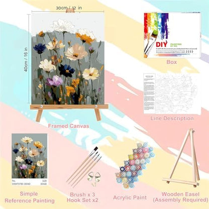 Flower Paint by Numbers for Adults with Framed Canvas - with Wooden Easel - Image 2