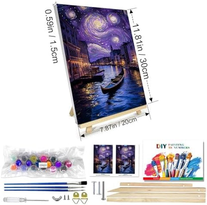 JOOZ Paint by Numbers Kit for Adults with Frame, Starry Night Paint by Numbers with Easel, DIY Town River Boat Paint by Numbers Landscape for Home Wall Decor 8 x 12 Inch - Image 2
