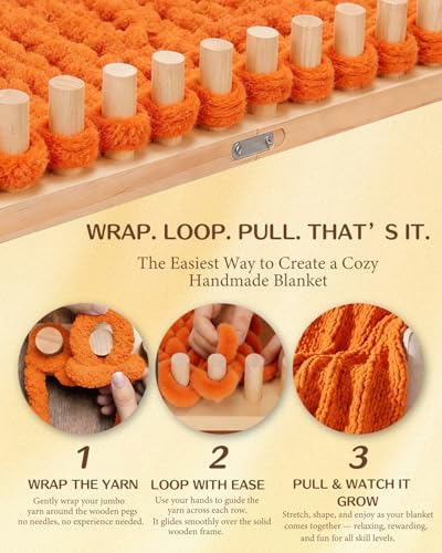 HAPPYER 66" Chunky Knitting Blanket Loom Kit – Large Wooden Loom for Chunky Yarn, Big Knit Blanket Making Machine for Beginners, Hand Weaving & Crochet Yarn Craft Set with Knitting Needles - Image 4