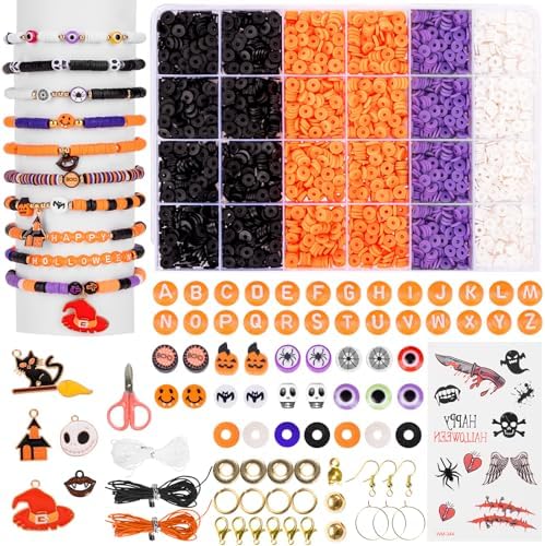 Goldwise Halloween Jewelry Making Bead Kit – 2 Storage Boxes with Clay Beads, Orange A–Z Letter Beads and Halloween Charms, DIY Bracelet & Jewelry Making Supplies by Goldwise