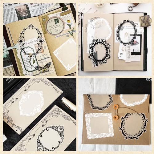 PRSTINCOL 240 PCs Lace Scrapbook Stickers,Waterproof Cutout Transparent Sticker PET Transparent Lace Stickers for Scrapbooking DIY Decoration Making Notebook Frame Album Handmade(Black and White) - Image 2
