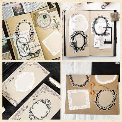 PRSTINCOL 240 PCs Lace Scrapbook Stickers,Waterproof Cutout Transparent Sticker PET Transparent Lace Stickers for Scrapbooking DIY Decoration Making Notebook Frame Album Handmade(Black and White) - Image 2