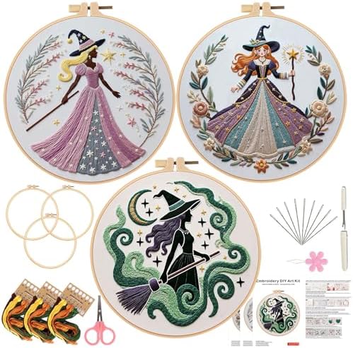 Embroidery Kit for Adults, Pre-Stamped Pattern Embroidery Kit for Beginners, Hand Needlepoint Starter Kit with Hoop Thread Needle Instruction, 7.9'' Hoop (Witch 3 Packs) by Unknown