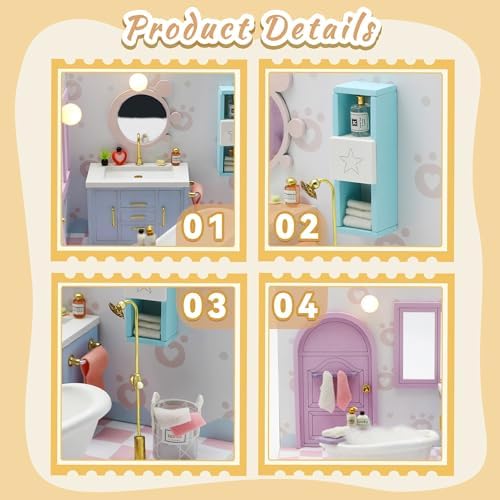 Kisoy Dollhouse Miniature with Furniture Kit, DIY 3D Wooden DIY House Kit A Corner of a Small Apartment Style with Dust Cover & LED,Handmade Tiny House Toys for Kids Adults Gift (Bathroom) - Image 4