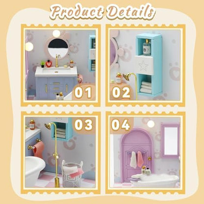 Kisoy Dollhouse Miniature with Furniture Kit, DIY 3D Wooden DIY House Kit A Corner of a Small Apartment Style with Dust Cover & LED,Handmade Tiny House Toys for Kids Adults Gift (Bathroom) - Image 4