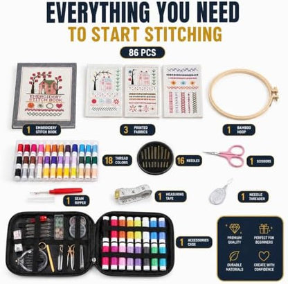 Homentry Embroidery Kit for Beginners | Gift Box with Full Set | Video Tutorial, 3pcs Hoops, 106 Patterns, 65 Water Soluble Designs, 86PCS Sewing Supplies | Starter Cross Stitch Book Kit - Image 2