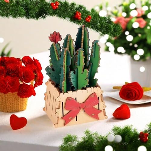 3D Wooden Flower Puzzle Kit for Adults | DIY Botanical Bouquet Building Set with Adjustable Vase | Home Decor & Stress Relief Gift-Cactus (50PCS) - Image 6