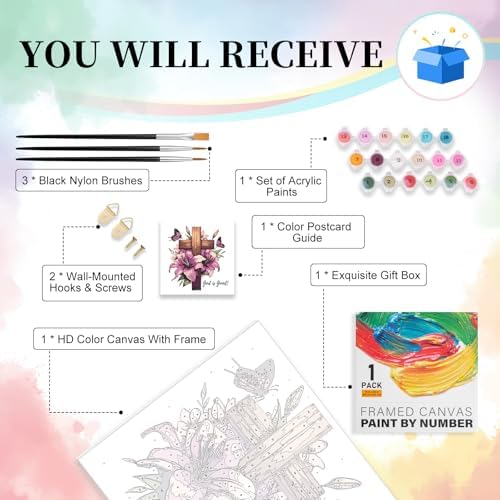 Camocin Framed Paint by Numbers Kit for Adults Beginner - Religious Cross and Lily Paint by Number Canvas with Frame, Faith DIY Acrylic Painting Kit for Christian Home Wall Decor 12x12 Inch - Image 4