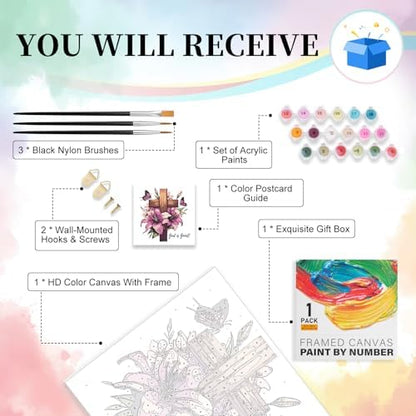 Camocin Framed Paint by Numbers Kit for Adults Beginner - Religious Cross and Lily Paint by Number Canvas with Frame, Faith DIY Acrylic Painting Kit for Christian Home Wall Decor 12x12 Inch - Image 4