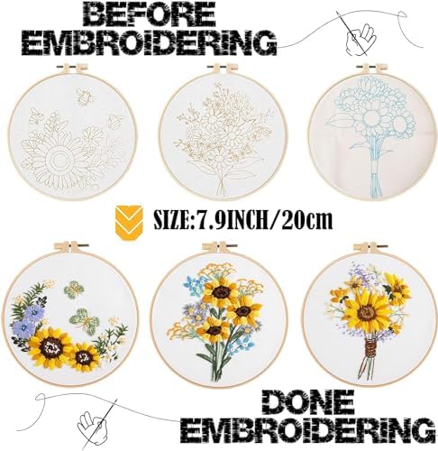 GLTAYLMY 3 Sets Embroidery Starter Kit with Pattern and Instructions, Cross Stitch Set, Stamped Embroidery Kits with 3 Embroidery Clothes with Pattern, 1 Embroidery Hoop(Sunflower) - Image 2