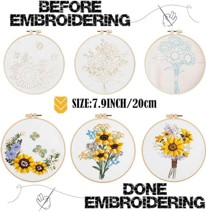 GLTAYLMY 3 Sets Embroidery Starter Kit with Pattern and Instructions, Cross Stitch Set, Stamped Embroidery Kits with 3 Embroidery Clothes with Pattern, 1 Embroidery Hoop(Sunflower) - Image 2