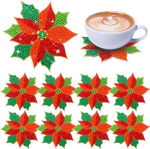 UPINS 8Pcs Christmas Diamond Art Painting Coaster Kit, Poinsettia Coaster Christmas Red Flower Coasters with Holder for Xms DIY Crafts Gifts Holiday Home Kitchen Table Decor by UPINS