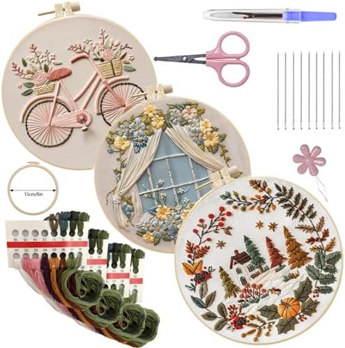 SCECALA 3 Pack Fall Pink Bicycle Flower Embroidery Kit by SCECALA