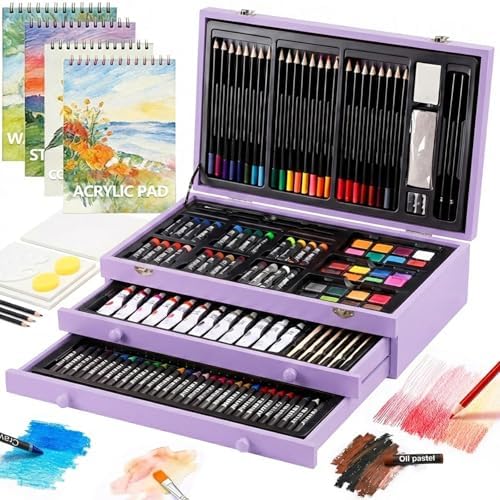 194 Piece Deluxe Art Set, Painting Drawing Art Supplies with 4 Drawing Pads, Acrylic Paints, Crayons, Colored Pencils Set in Wooden Case, Art Kit Gift Box for Kids, Teens, Adults, Artists, Beginners by TMOLARTSUPPLIES