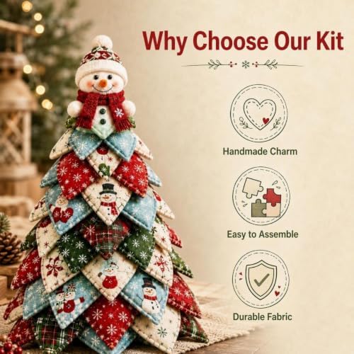 Quilted Christmas Tree Kit – Pre-Cut Fabric & Foam Cone DIY Tabletop Decoration with Tree Topper, No-Sew Holiday Craft Kit for Adults & Kids, Christmas Tree Decorations for Home, Party & Gifts (set8) - Image 4