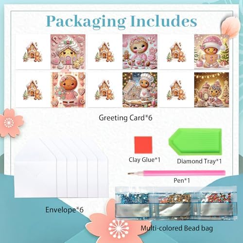 jinglinhh 6pcs Christmas Candy House Gingerbread Man Diamond Art Painting Greeting Cards with Envelopes, DIY Card Making Kits for Adults, Diamond Art Postcards Christmas Cards Craft Gifts - Image 3