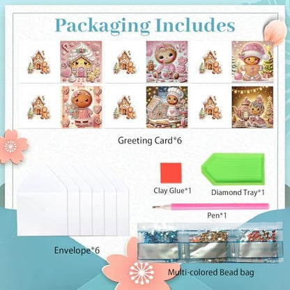 jinglinhh 6pcs Christmas Candy House Gingerbread Man Diamond Art Painting Greeting Cards with Envelopes, DIY Card Making Kits for Adults, Diamond Art Postcards Christmas Cards Craft Gifts - Image 3