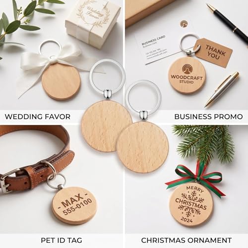 24 Pieces 1.5 Inch Round Wood Keychain Blanks, Unfinished Wood Crafts with Stainless Steel Rings for Laser Engraving, DIY Personalized Gifts, Pet Tags, Christmas Decorations - Image 3