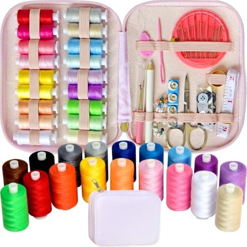 Sewing Kit with Case Portable Sewing Supplies for Home Traveler, Adults, Beginner, Emergency, Contains 18 Sewing Thread, Scissors, Needles, Measure etc (Pink) by LE+PAON