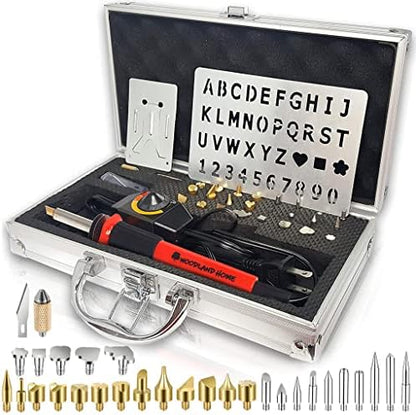 Professional Wood Burning Kit with Letters - Pyrography Pen Fully Adjustable Temperature With safety Stand - 27 Tips with Cutting Blade, Stencils and Deluxe Case by WoodlandHome-PremiumGoods