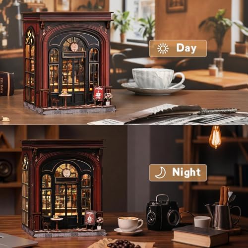 Book Nook Kit, DIY Miniature House Kit for Adult and Teens, 3D Wooden Puzzle Booknook Bookshelf Decor with LED Lights, Gift for Family, Friends, Age 14+ (Warmglow Coffee House) - Image 4