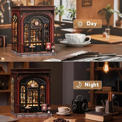 Book Nook Kit, DIY Miniature House Kit for Adult and Teens, 3D Wooden Puzzle Booknook Bookshelf Decor with LED Lights, Gift for Family, Friends, Age 14+ (Warmglow Coffee House) - Image 4