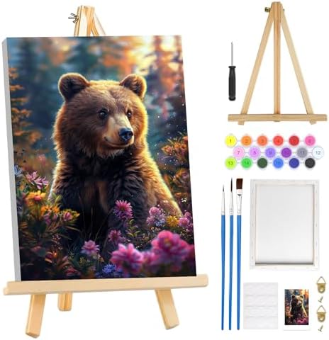 MOGTAA Bear Paint by Numbers Kit for Adults Beginners with Frame, Flowers Adult Paint by Number Kits on Canvas with Easel, Easy DIY Oil Painting Kits for Home Decor, 8x12in by MOGTAADIYHomeDecor