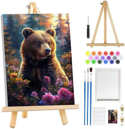 MOGTAA Bear Paint by Numbers Kit for Adults Beginners with Frame, Flowers Adult Paint by Number Kits on Canvas with Easel, Easy DIY Oil Painting Kits for Home Decor, 8x12in by MOGTAADIYHomeDecor