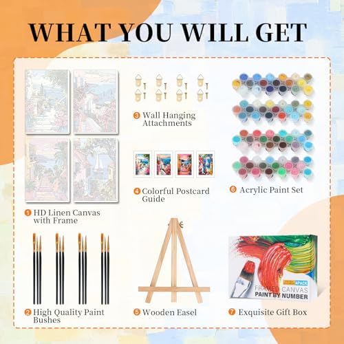 4 Pack Paint by Numbers Kit for Adults with Frame, Seaside Town Landscape - Image 6